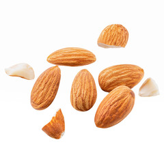 slice peeled Almond nut Blast scattered broken with explosion raw almonds on white isolated