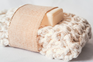 Natural White Cotton Crocheted Washcloth with Bar of Oat Milk Soap