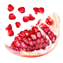 whole Pomegranate and Pomegranate seeds Macro. isolated on white