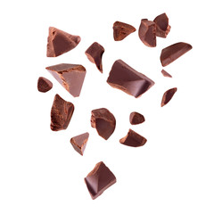 Milk chocolate pieces on  white isolatedchocolate.  Clipping Path Image stack Full depth of field macro shot
