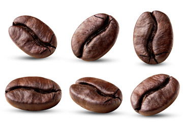 Coffee roasted pieces grains.Coffee Clipping Path on white isolated.Image stack Full depth of field macro