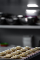 Raw croissants preparation for with raw egg painted on top process before baking with shelf of utensils in the background /baking concept / copy space