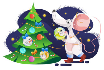 Mouse plays cat bowling for New Year 2020. Vector illustration