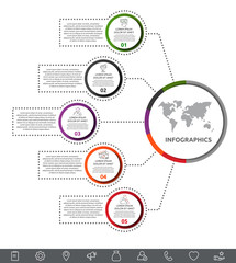 Vector infographic with main circle and 5 labels. Circles with icons for five diagrams, graph, flowchart, timeline, marketing, presentation. Creative business concept