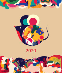 Happy New Year 2020 vector logo design. Happy new year with cute mouse rat in folk style. Chinese New Year. Cover of design for 2020. Calendar design, brochure, catalog, card, banner, wallpaper.