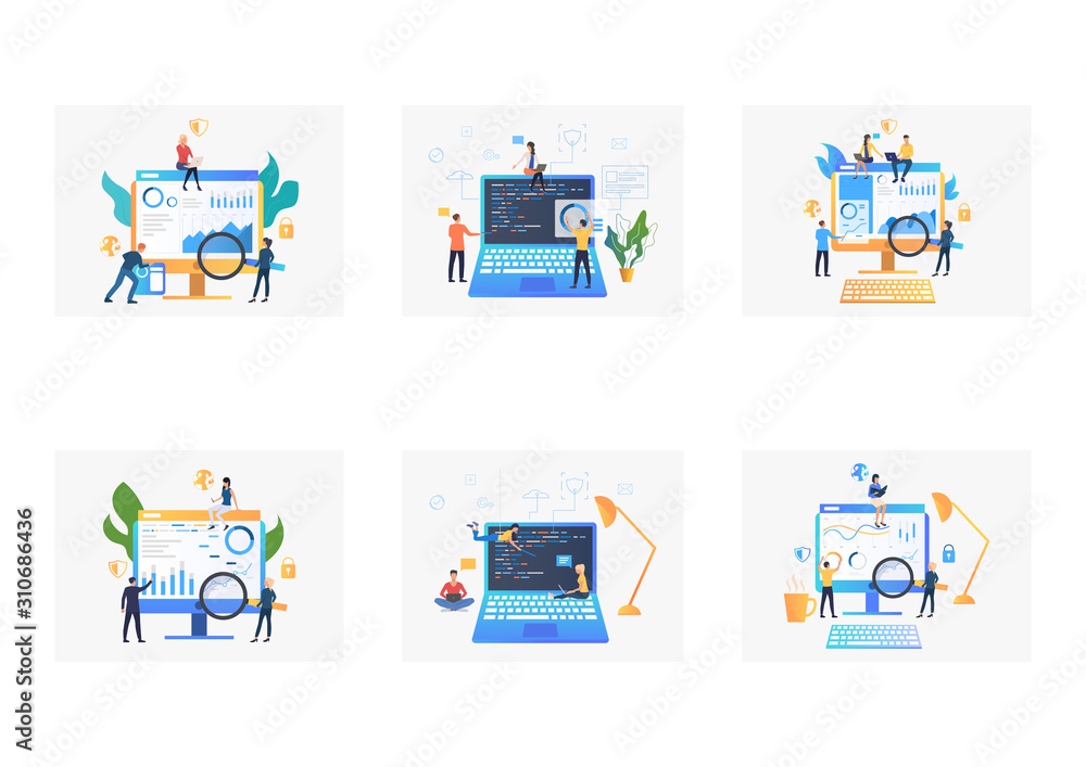 Poster data analysis set. professionals analyzing charts, using computers, writing code. flat vector illust