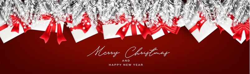 Christmas banner or website header. Merry Xmas and Happy New Year design for invitation or sale advertisement with silver fir tree branches and gift boxes with red ribbon and bow. Vector illustration.