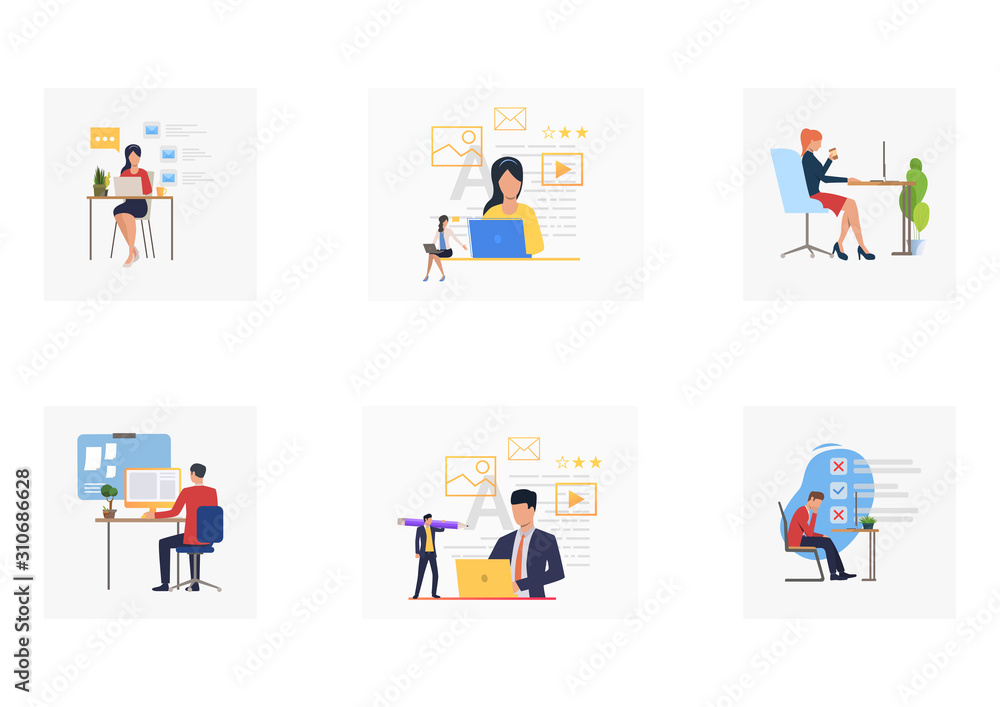 Poster office workers set. employees using computers, working with laptops. flat vector illustrations. mana