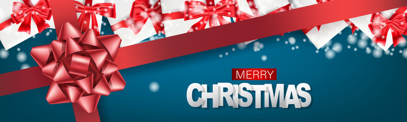 Fototapeta na wymiar Christmas banner or website header. Merry Xmas and Happy New Year design for invitation or sale advertisement with gift boxes, snow on blue background with red ribbon and bow. Vector illustration.