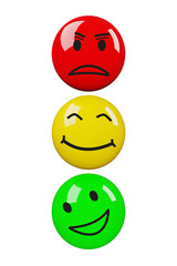 Colored smileys arranged as traffic lights, 3D illustration