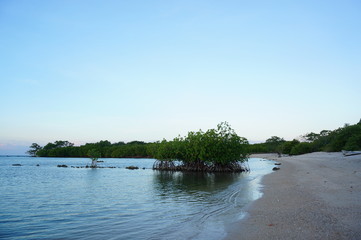the atmosphere of the beach or the coast before the afternoon with calm waves and sunny weather set against the background of the high seas and mountains or plateaus