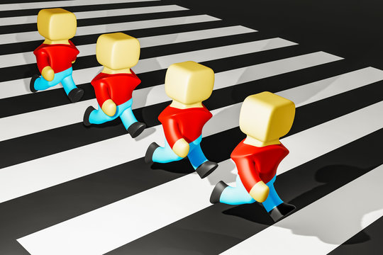 Character are running in single file over the crosswalk, 3D illustration