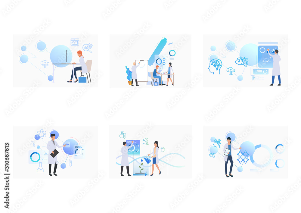 Poster scientific research set. scientists working in lab, making experiments. flat vector illustrations. s