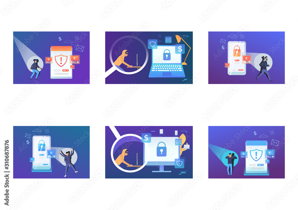 Poster hacker attack set. cybercriminal using computer, caught with spotlight. flat vector illustrations. v
