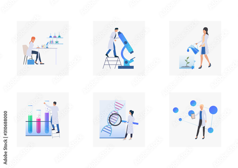 Poster lab research set. scientists using microscope, test tube, watching dna molecule. flat vector illustr