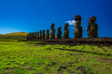 Ahu Tongariki moai platform under deep blue sky