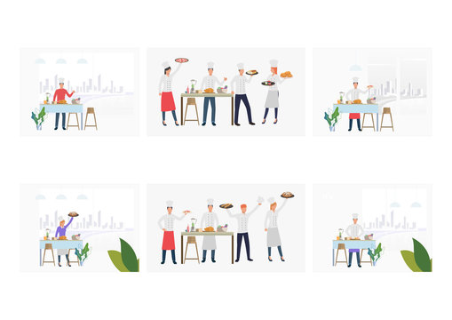 Chef competition set. Restaurant cooks presenting different dishes. Flat vector illustrations. Business, food concept for banner, website design or landing web page