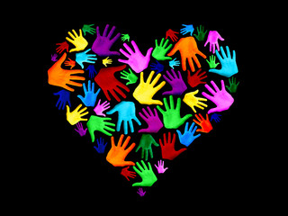Multicolored heart shape made of palms of hand isolated on black background as a symbol of love, peace, mutual help, togetherness, social ties