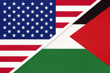 USA vs Palestine national flag from textile. Relationship between two american and asian countries.