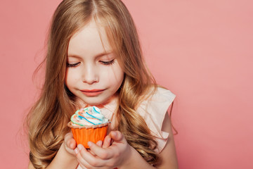 little girl eating cake with cream cupcake sweet