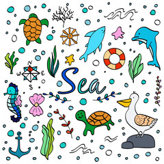 Obraz premium Set of cute sea animals doodle icons