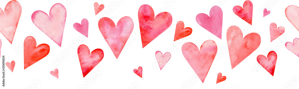 Wall mural Seamless watercolor header with pink and red hearts on white background. Valentine's day border.