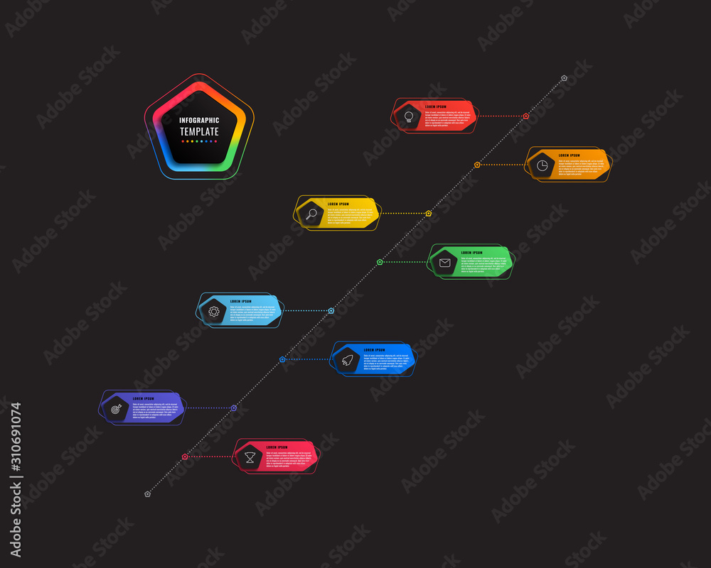 Fototapete diagonal timeline infographic with hexagonal elements on black background. modern business process v