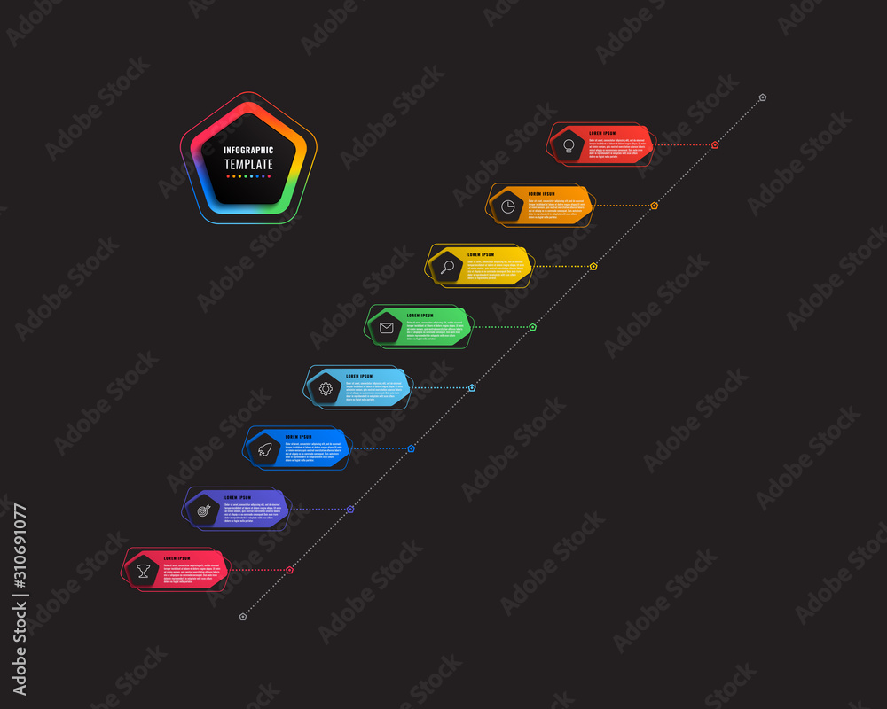 Aufkleber diagonal timeline infographic with hexagonal elements on black background. modern business process v