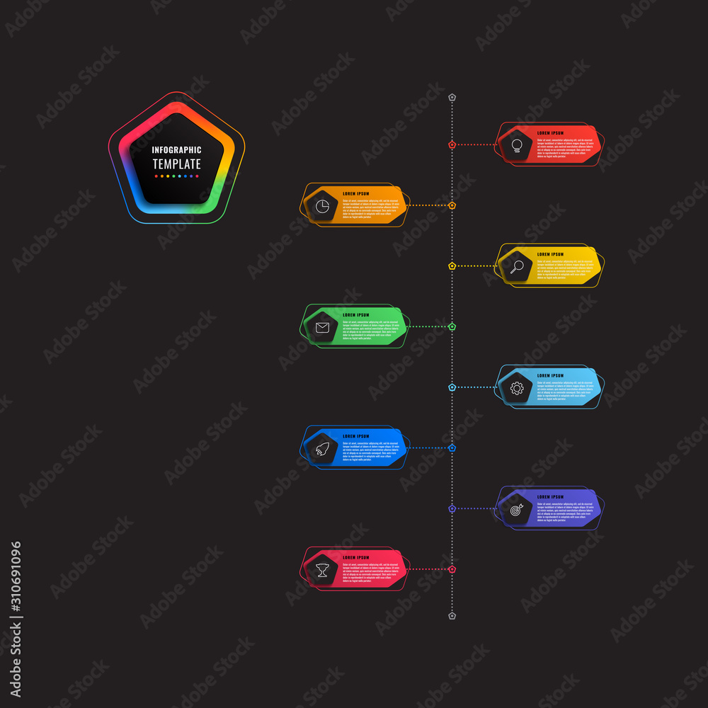 Aufkleber vertical 8 steps timeline infographic template with pentagons and polygonal elements on a black back