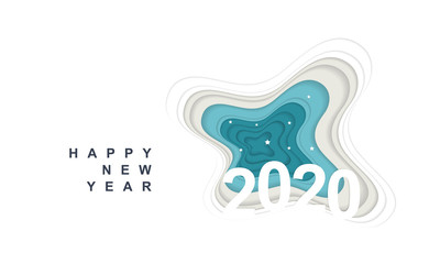 Happy new year 2020 banner in paper style for your seasonal holidays flyers, greetings and invitations, christmas themed congratulations and cards. Vector illustration.