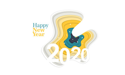 Fototapeta na wymiar Happy new year 2020 banner in paper style for your seasonal holidays flyers, greetings and invitations, christmas themed congratulations and cards. Vector illustration.