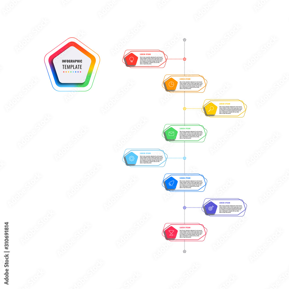Aufkleber vertical 8 steps timeline infographic template with pentagons and polygonal elements on a white back