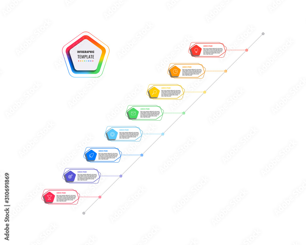 Aufkleber diagonal 8 steps timeline infographic template with pentagons and polygonal elements on a white back