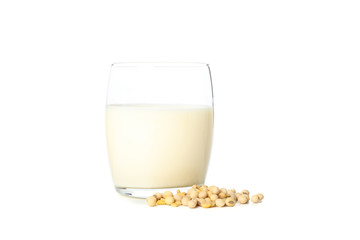 Soy milk and soybean seeds isolated on white background