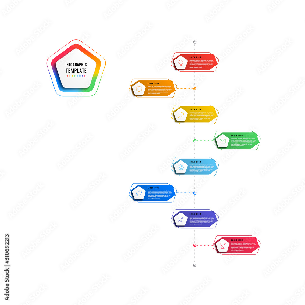 Poster vertical 8 steps timeline infographic template with pentagons and polygonal elements on a white back