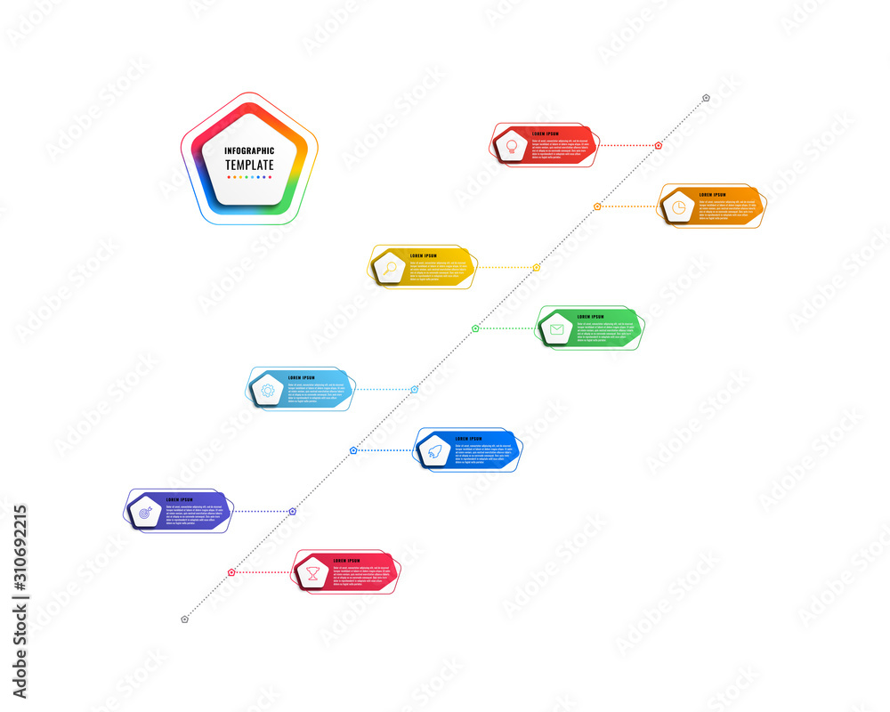 Poster diagonal 8 steps timeline infographic template with pentagons and polygonal elements on a white back