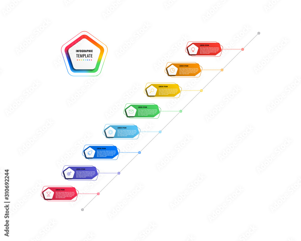 Poster diagonal 8 steps timeline infographic template with pentagons and polygonal elements on a white background. modern business process visualisation with thin line marketing icons. vector illustration