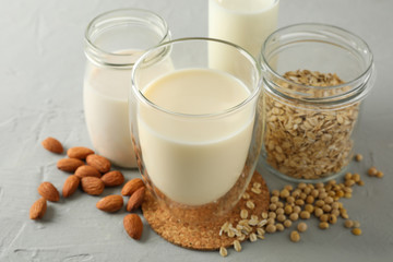 Bootle and glass of different types milk on gray background, space for text. Closeup