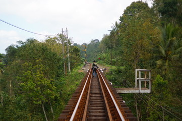 Fototapeta premium Railroad is a means of transportation for trains that are built on bridges using iron and a solid concrete frame