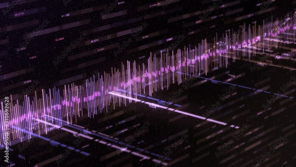 Poster Abstract background with music track and numbers. Animation. Abstract color equalizer moves with numbers on black background. Computer equalizer matrix