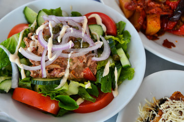 Greek salad or Santorini salad in restaurant