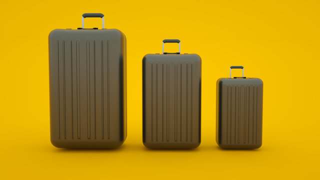 Three suitcases isolated on yellow background, 3d illustration