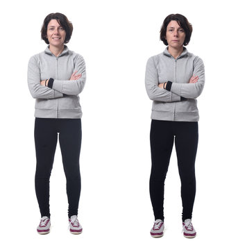 Smiling And Serious Woman On White Background