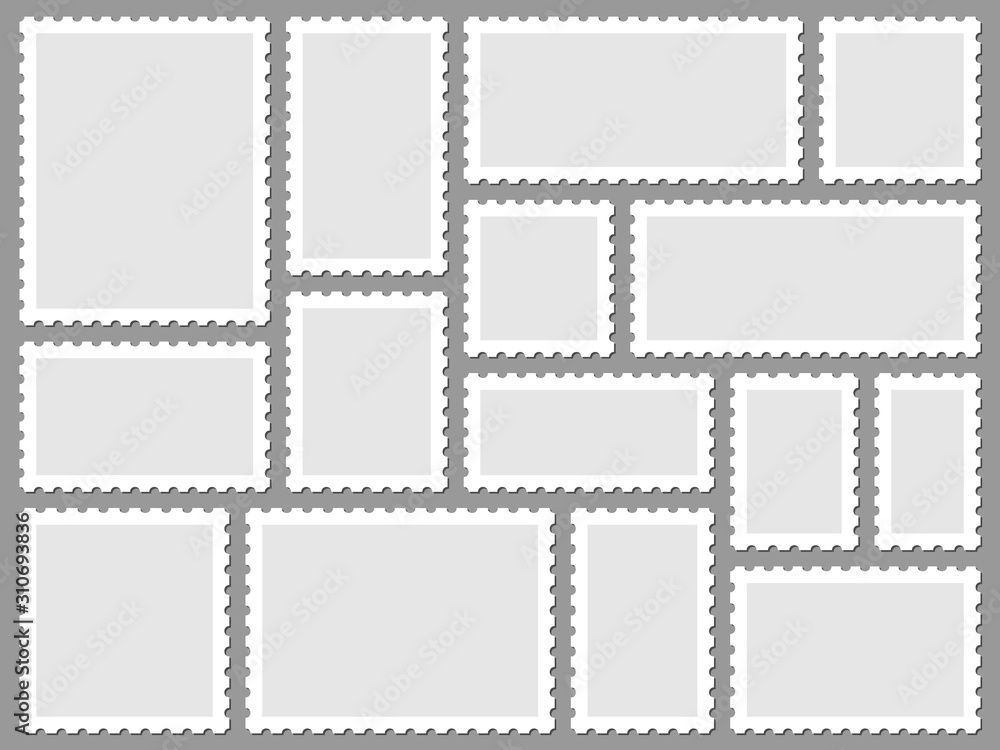 Poster postcard stamp frames. blank postage stamps, empty postmark and square mark frame border vector set.