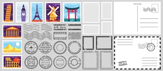 Postage stamps. Air mail envelope, post office stamp and postal stamps vector set. Cachets and postmarks with different landmarks illustrations. Blank postcard and letter templates with copyspace