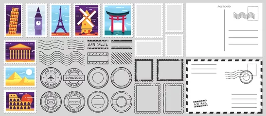 Fotobehang Postage stamps. Air mail envelope, post office stamp and postal stamps vector set. Cachets and postmarks with different landmarks illustrations. Blank postcard and letter templates with copyspace © Tartila