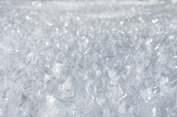 Snow background with detailed snowflakes. A macro photo of real snow crystals: large stellar...