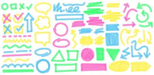 Color highlight marker strokes. Colorful markers cross and tick mark, doodle highlights arrows and marker stroke frames vector set. Multicolor symbols, arrows, speech clouds and geometric shapes - obrazy, fototapety, plakaty
