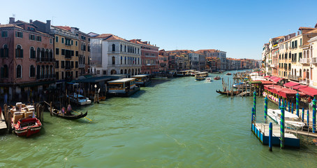 Panorama of Grand canal with boats and gondolas on sunny summer day in Venice. Italy