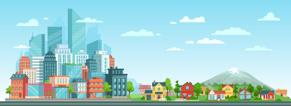 Suburban And Urban Cityscape. Modern City Architecture, Suburban Or Village Houses And Summer Landscape Vector Illustration. Metropolis Skyline And Suburbs. Financial District And Countryside Panorama